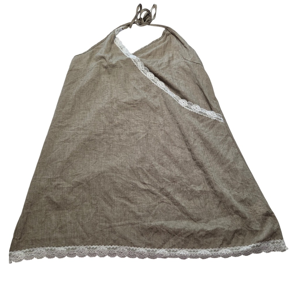 70% Linen Lace Trim Halter Mini Dress Sage Green Cottagecore Boho Fairygrunge XL